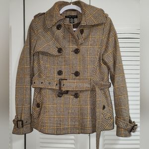 New York & Company Women's Brown Plaid Double Breasted Pea Coat Jacket - Size 4